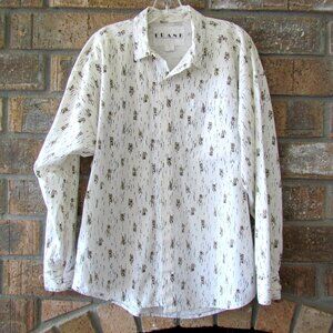 MEN'S SHIRT, M-L, WHITE LONG SLEEVE COTTON w COLLAR, BLACK PRINT, VINTAGE, EUC